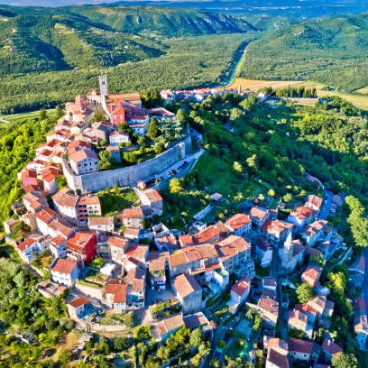 Idyllic hill town of Motovun aerial view, Istria region of Croatia